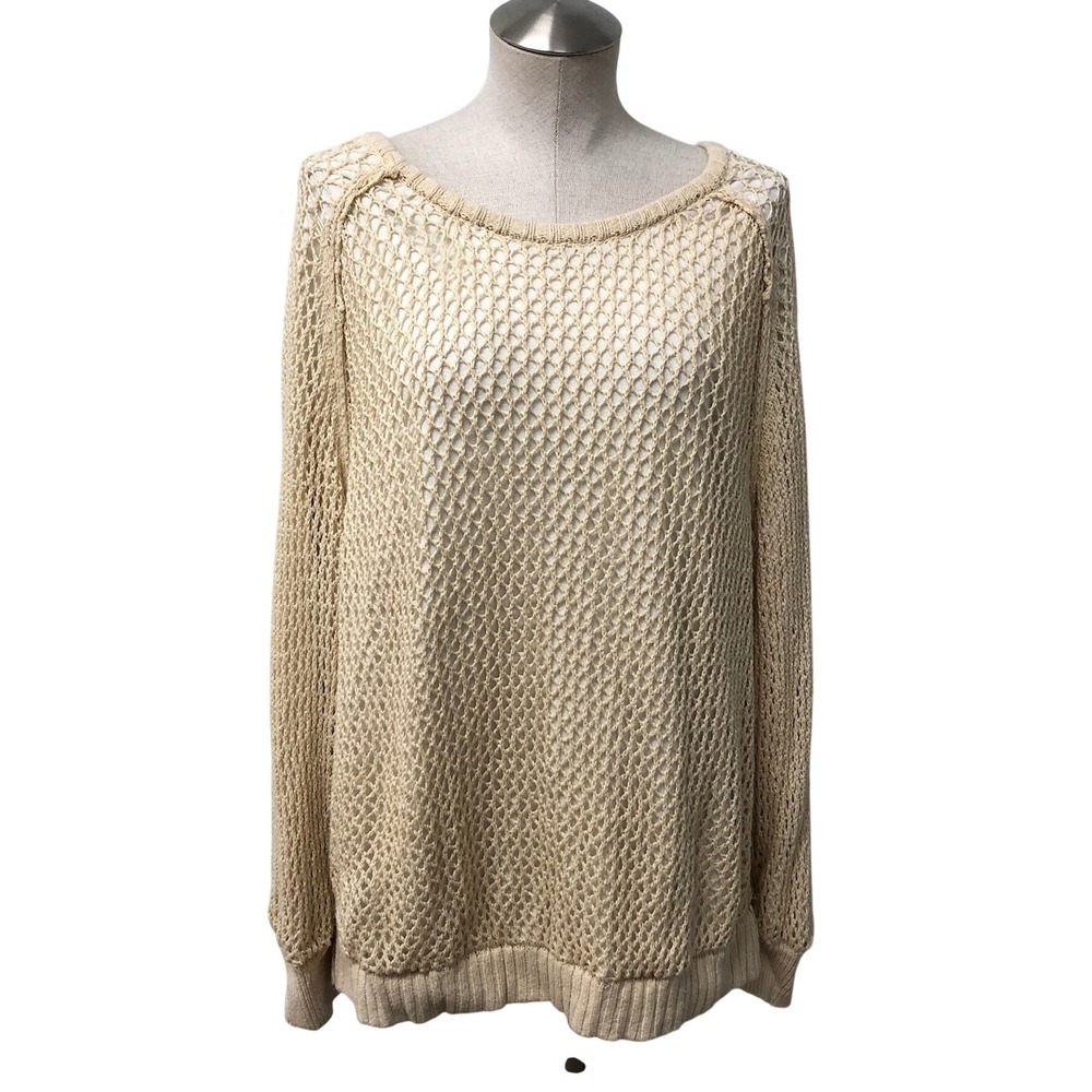 We The Free Sweater Womens Large Beige Open Knit Crochet Cotton Hemp Long Sleeve